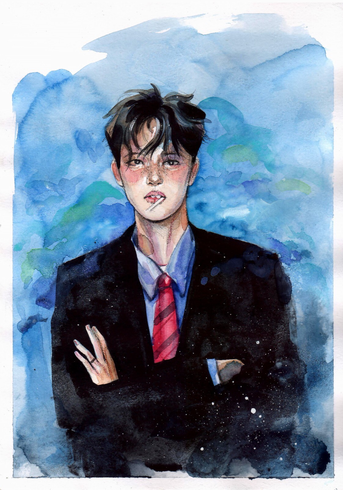 Original Watercolor Painting Asian Guy Wall Art Korean Guy Painting