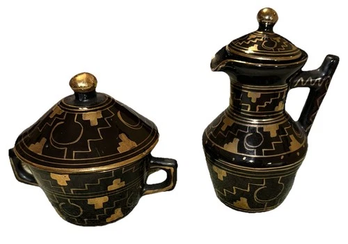 Vintage Brena Oaxaca Mexico Gold & Black Pottery Geometric Sugar & Creamer