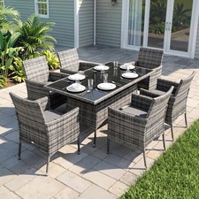 Outsunny Rattan Dining Set for 6 with Cushions, Glass Top Table Refurbished