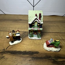 3 Tiny vintage Village Items -bakery carolers and Kids With Snow Sled