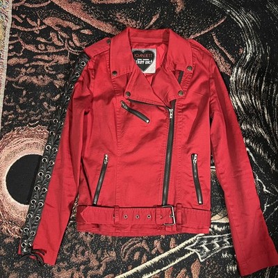 Tripp NYC Joan Jett Jacket Womens Small Red Moto Biker Lace Up Sleeves Belted