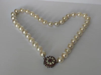 Perle Halskette Diamanten Rubinen Gold 585 14 Karat Damen Schmuck - Bild 1 von 4