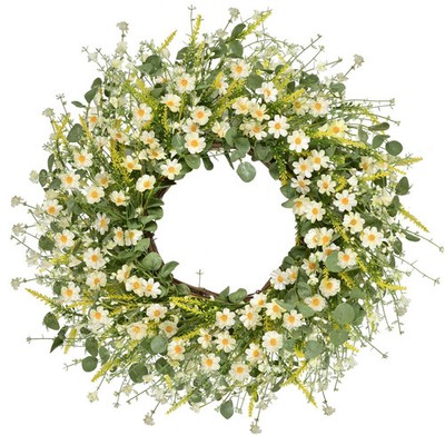 24 Inches Artificial Daisy Flower Wreath with Eucalyptus Leave Silk Flower White