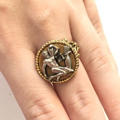RARE ART Signed Zodiac Aquarius Adjustable Size Ring Two Tone Vintage 60's