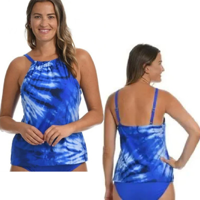24th & Ocean High Neck Tankini Top 20W 3X Blue Tie Dye Swimsuit Underwire NWT