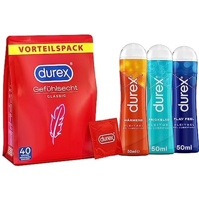 Set mit Durex Gefühlsecht Classic Kondome 40 St+50ml Feel, Wärmend, Prickelnd