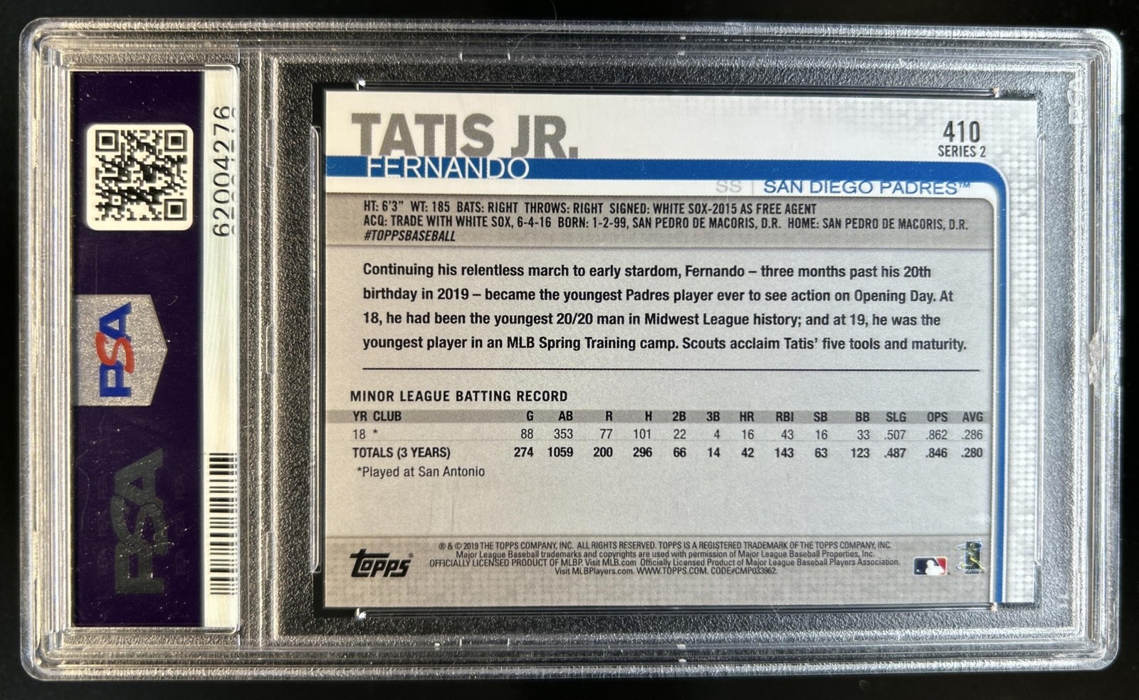 2019 Topps Fernando Tatis Jr. Rookie RC #410 Padres PSA 10 GEM MINT view 2