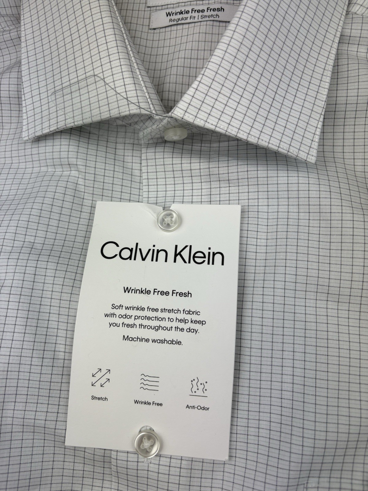 Calvin Klein Men's L White Gray Check Regular Fit Stretch Dress Shirt 16-16.5 thumbnail 3