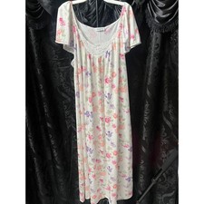 Vanity Fair Floral Nightgown XL White Pink Lace Trim Short Sleeve Made in USA