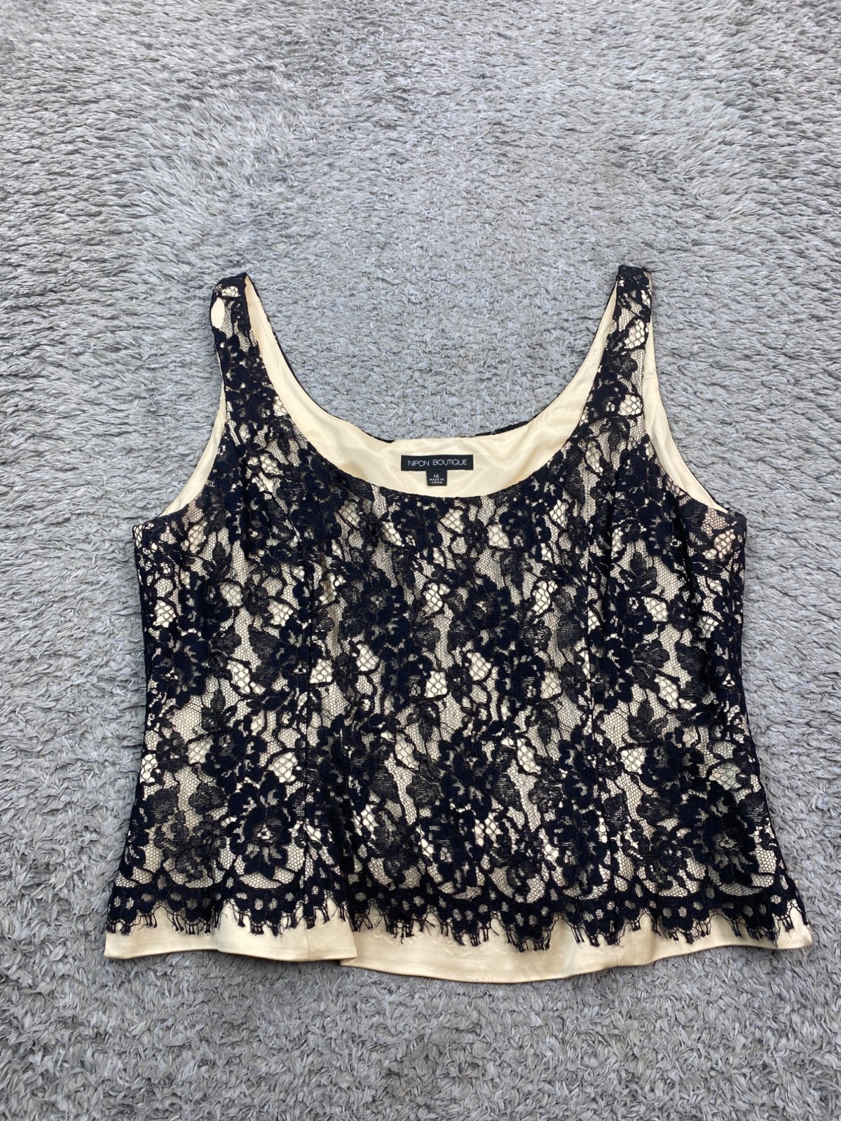 Nipon Boutique Top Women 14 Black Lace Overlay Camisole Sleeveless Blouse Whimsy