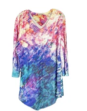 Jess & Jane 1 X Tunic Top Multi Color Tiered Ruffle V neck 3/4 Sleeve Asymmetric