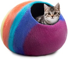 Wool Felt Cat Cave Bed Handmade Merino Wool Covered Cat House   Rainbow