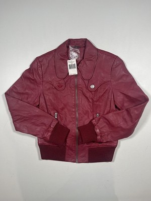 New Guess Jeans Jacket Womens Medium Red Sea Leather Bomber Moto Zip Y1229M2720
