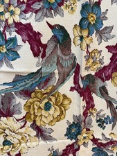Vintage 1940s Burma Bird and Floral Barkcloth...