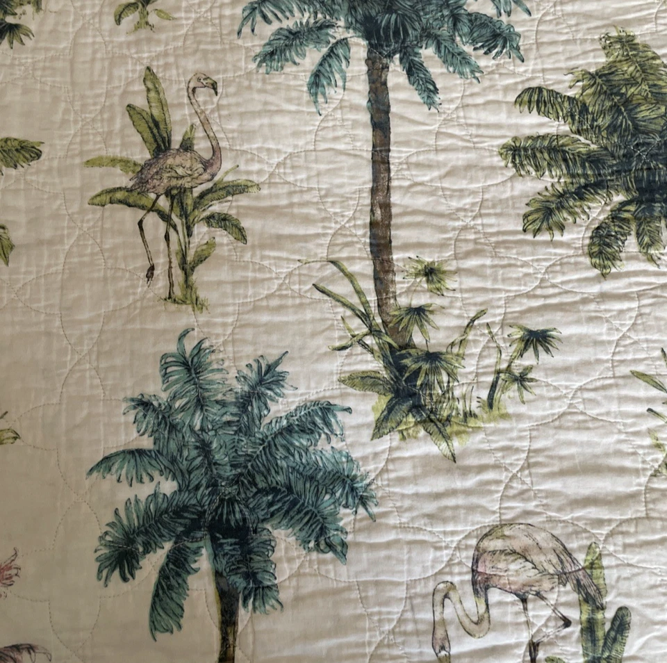 Tropical Quilted Coverlet Queen Size 88"x98" Reversible Palm Trees Flamingoes - Image 4 of 4