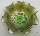 VINTAGE CARNIVAL NORTHWOOD GREEN THREE FRUITS MEDALLION FOOTED BOWL “MEANDER EXT