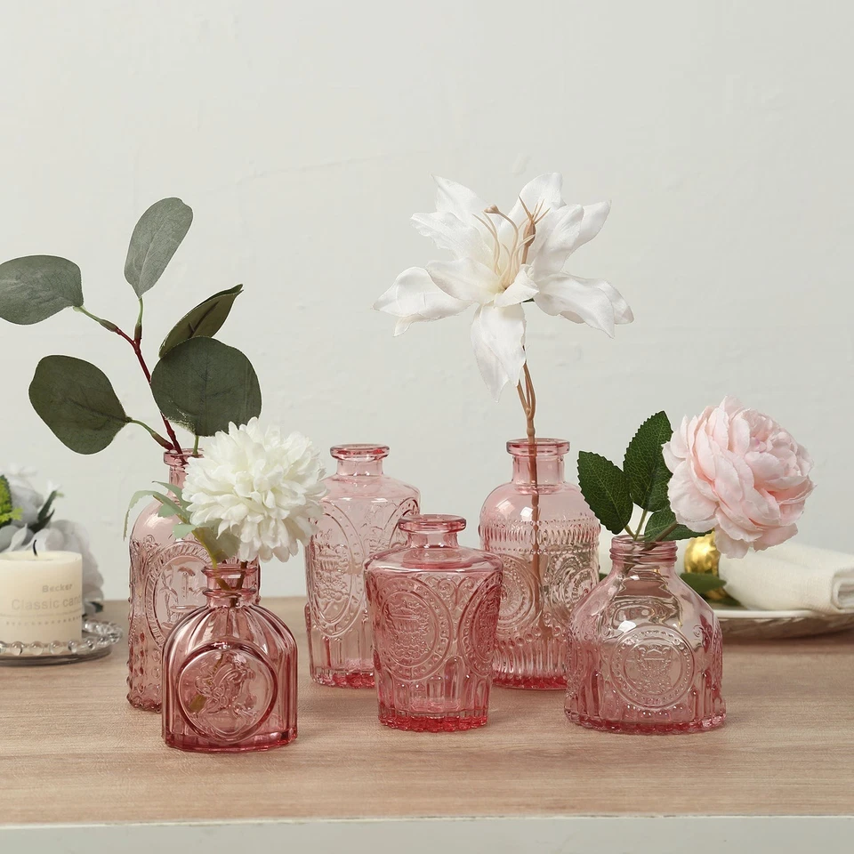 6 VASOS DECORATIVOS DE FLORES DE VIDRO ROSA em relevo design vintage festa - Imagem 2 de 4