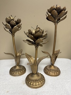 3 VTG   Hollywood Regency Gold Metal Lotus Flower Sculptures 18  Floral Decor