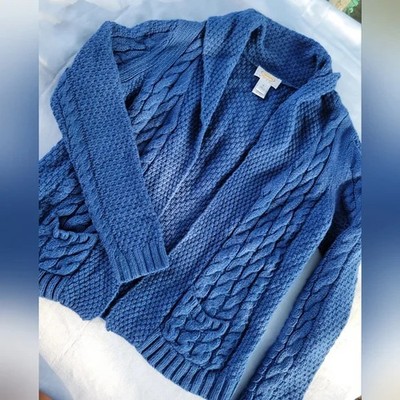 Talbots Vintage Blue Thick Cable Knit Cardigan Winter Sweater Small