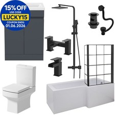 Complete Bathroom Suite Black RH Shower Bath Screen Vanity Basin Toilet 1700mm