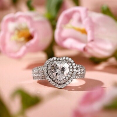 2 Ct Heart Cut Simulated Diamond Engagement Ring In 14K White Gold Plated Silver