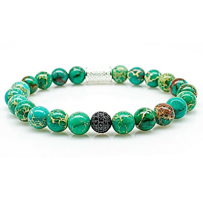 Jasper 925 Sterling Silver Bracelet Bracelet Beaded Bracelet CZ Ball Black Green