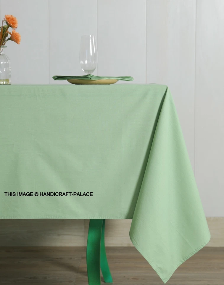 Indian Cotton Plain Fabric Tablecloths Sage Green Rectangular Dining Table Cover - Image 2 of 4