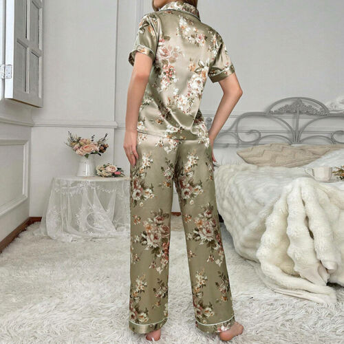 Women's Short Sleeve Silk Pajamas Set Print Satin Sleepwear Homewear Nightwear - Picture 161 of 251