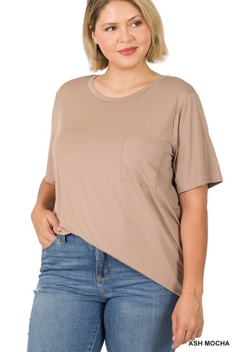 1X 2X 3X Front Pocket Round Neck Short Sleeve Buttery Soft Modal Top T Shirt - Picture 3 of 9