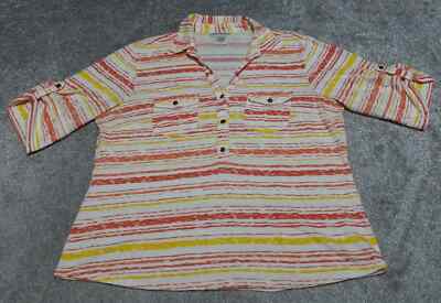 Rebecca Malone Knit Top Women's Large Yellow Orange Striped Collared Workwear