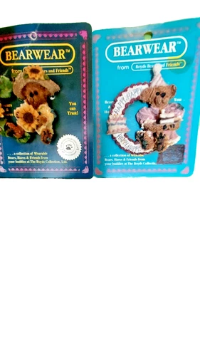 Boyds Bears 2 "BearWear Pins" Happy Birthday Cake & SunFlower Wreath  Preowned