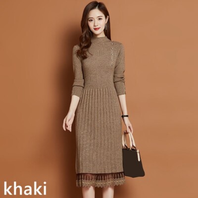 Women Sweater Knitted Dresses Midi Lace Patchwork Long Sleeve Fitted Office  | eBay