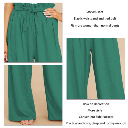 (Green L)Loose Pants Wild Leg High Waisted Elastic Waistband Side Pocket SG5 - Picture 1 of 6