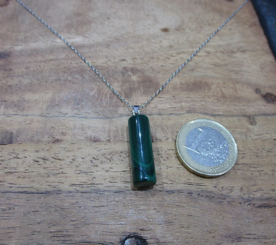 catenina collana pietra malachite charm amuleto cilindro argento 925 rodiato - Immagine 3 di 4