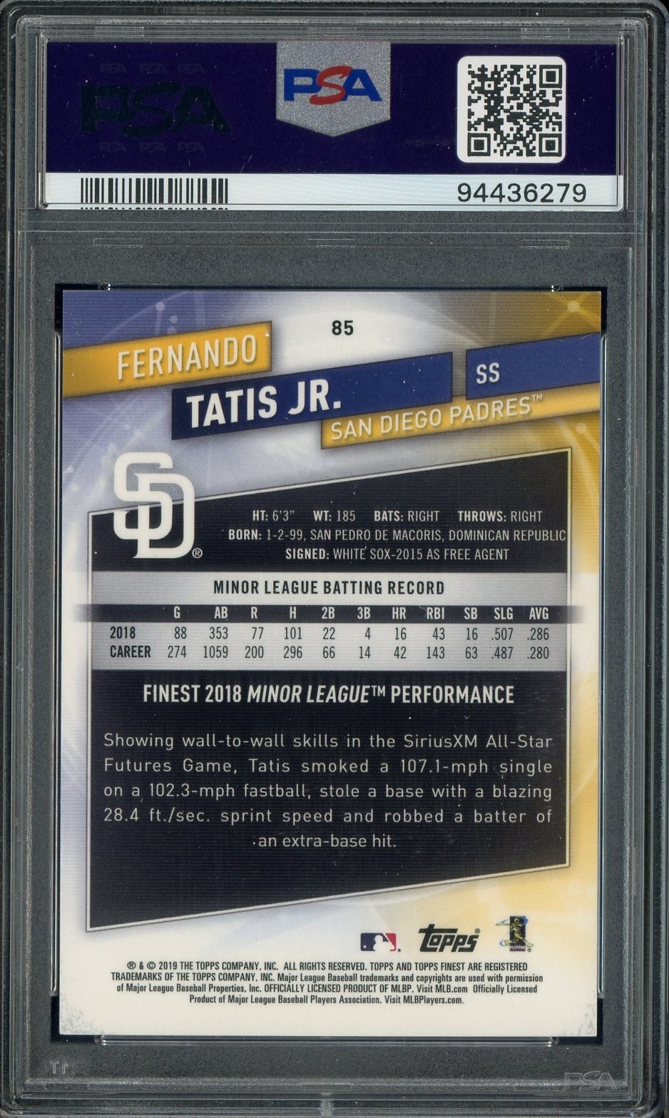 2019 Finest #85 Fernando Tatis Jr Gold Refractor /50 Rookie RC PSA 9 view 2