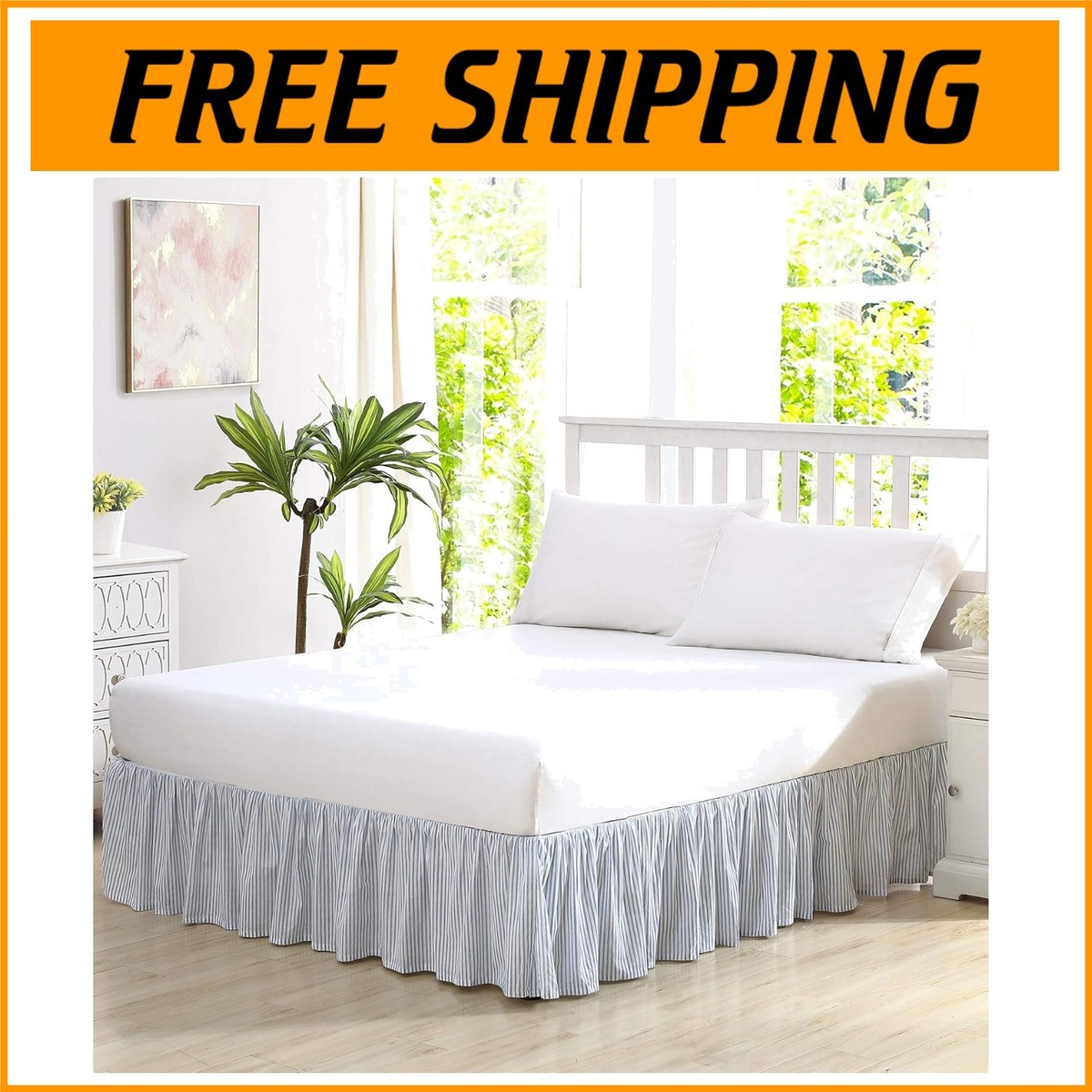 Elegant 100% Cotton Ruffled Bedskirt in Light Blue Pinstripe Queen Size