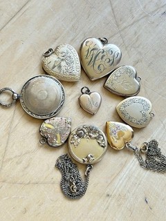 Lot of 9 Antique Yellow Gold Filled Heart Photo Locket Pendants Charms
