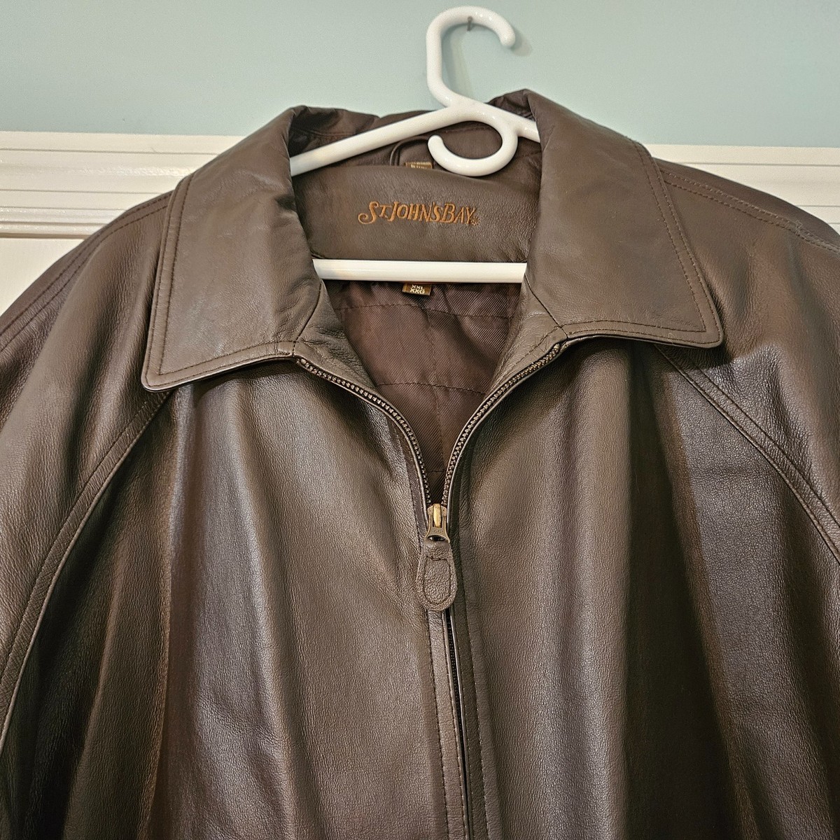 St Johns Bay Mens Classic Dark Brown Leather Jacket XXL Lined Zip