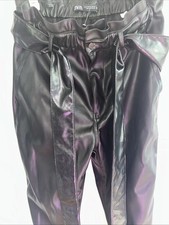 Zara Women's Vegan Leather Black Straight Leg Pants Tie Belt Indie 8