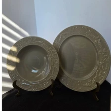 Thomson Pottery Dinner Plate and Soup Bowl Set Embossed Floral Design Taupe