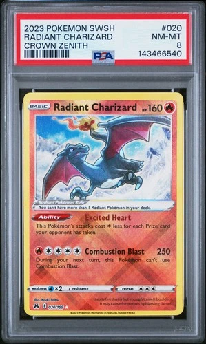 2023 POKEMON SWORD & SHIELD CROWN ZENITH #020 RADIANT CHARIZARD PSA 8