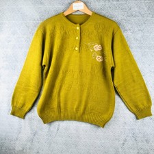 Vintage Pull Henley Femme M Vert Moutarde Maille Laine Brodés Floral Italie