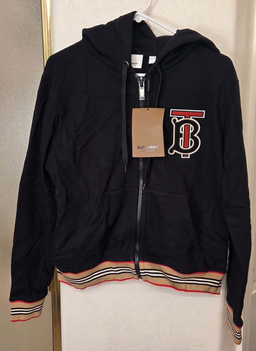New! Burberry 'TB' Monogram Zip-Up Hoodie Black Brown Red Mens L