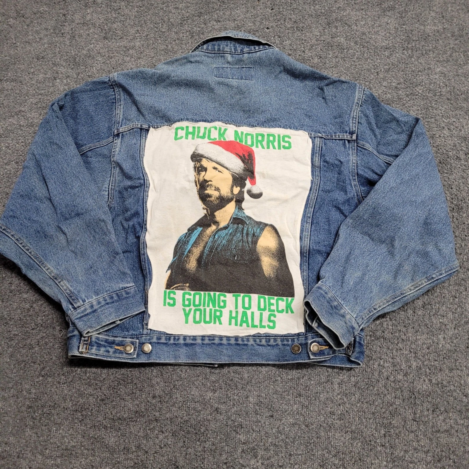 Wrangler Denim Jacket Mens Size L Blue Chuck Norris Christmas Patch Trucker DIY - product detail image 6