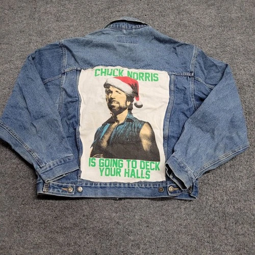 Wrangler Denim Jacket Mens Size L Blue Chuck Norris Christmas Patch Trucker DIY image 6