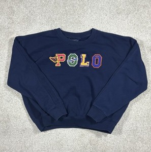 Polo Ralph Lauren Navy Blue COLORFUL LOGO Fleece Sweatshirt Girls M 8/10