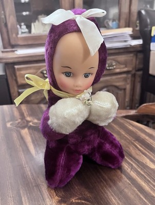 VINTAGE RUBBER FACE PLUSH Kneeling BABY DOLL Purple FAUX FUR CUTE