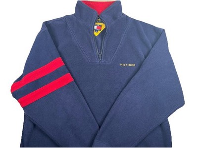 Vintage 90s Tommy Hilfiger Navy Fleece Pullover with Red Stripes Men s Small