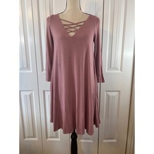 Emerald Mauve Lattice V-Neck Long Sleeve Swing Dress Large ETK-4182