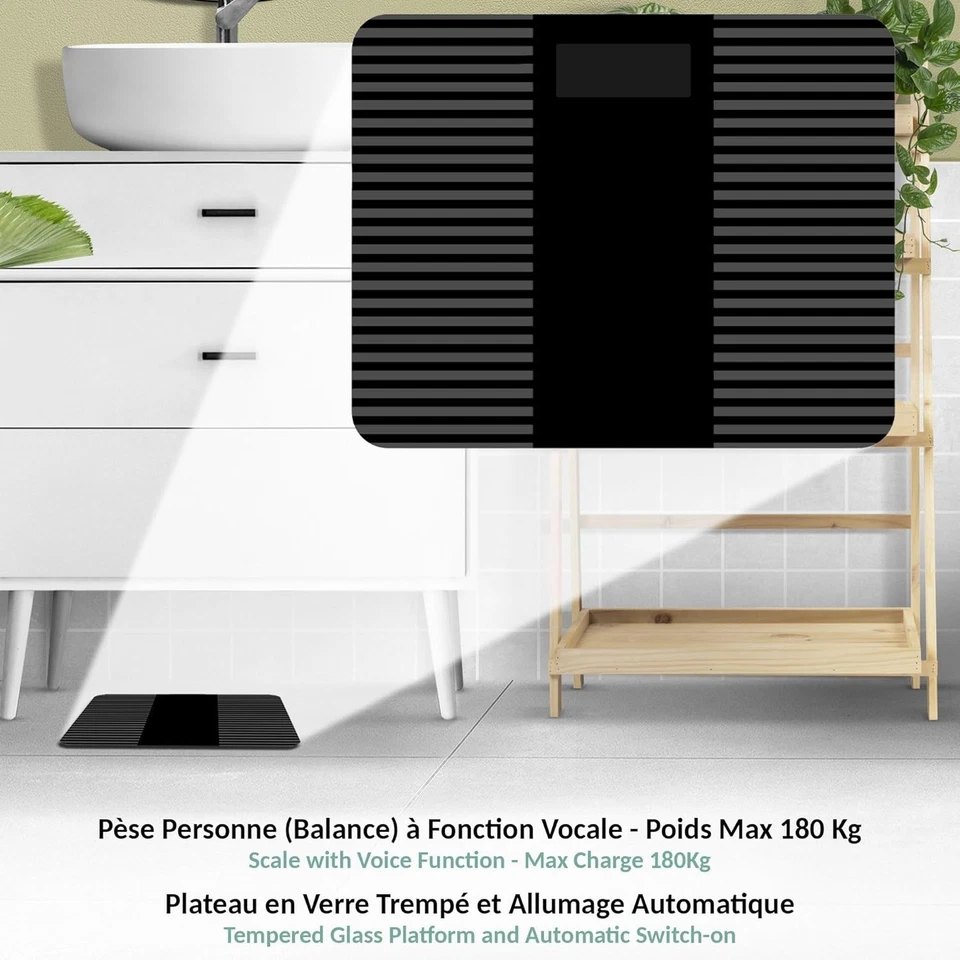 FISHTEC Balance Vocale Salle de Bain – Verre Trempé, 3–180 kg, Antidérapante - Photo 2/4